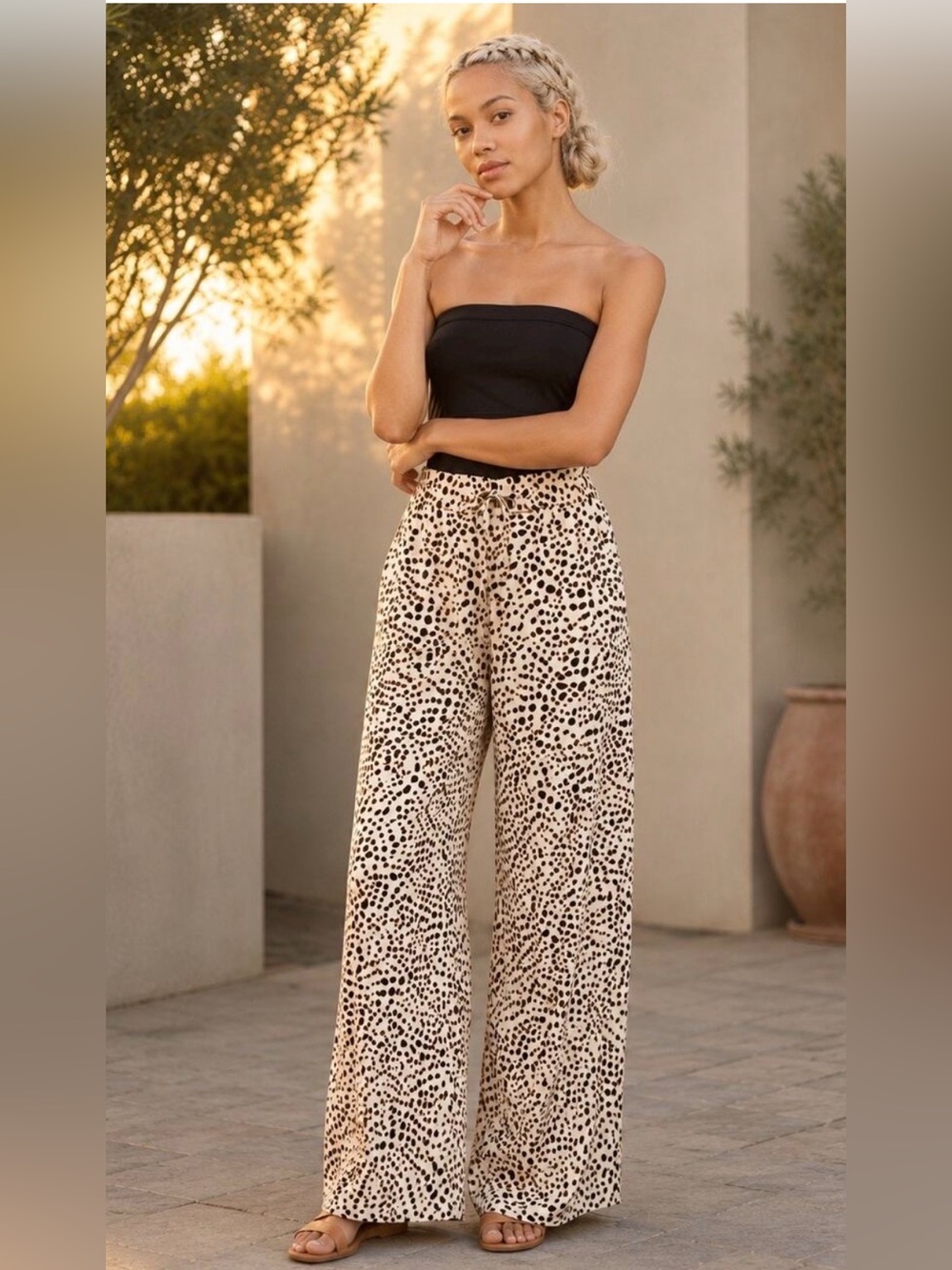 INC Bloom Sylvia Spots Cheetah Linen Blend Wide Leg Pull On Pants S NWT Pockets